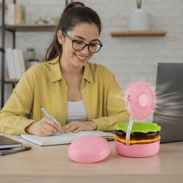 Portagble Burger USB Desktop Fan - Cartoon Cooling Fan with Beauty Mirror, Rechargeable Handheld Design and Summer Gift Appeal