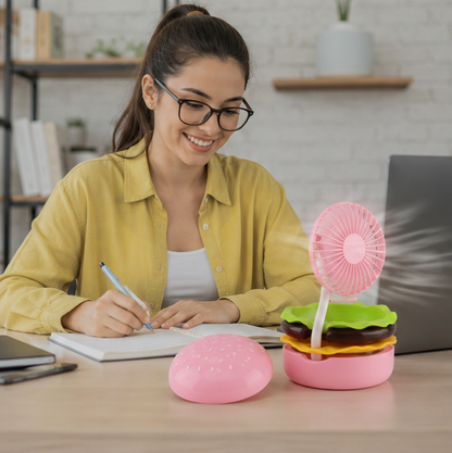 Portagble Burger USB Desktop Fan - Cartoon Cooling Fan with Beauty Mirror, Rechargeable Handheld Design and Summer Gift Appeal