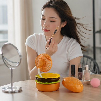Portagble Burger USB Desktop Fan - Cartoon Cooling Fan with Beauty Mirror, Rechargeable Handheld Design and Summer Gift Appeal