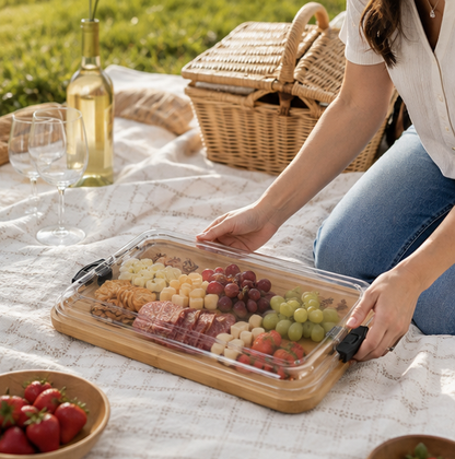 Portable Charcuterie Board – Bamboo Cheese Serving Tray with Clear Acrylic Lid for Picnics, Camping and Elegant Entertaining