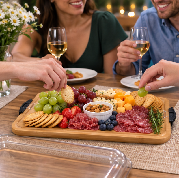 Portable Charcuterie Board – Bamboo Cheese Serving Tray with Clear Acrylic Lid for Picnics, Camping and Elegant Entertaining