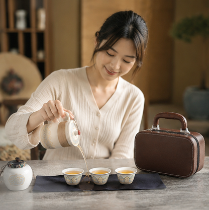 Portable Kung Fu Tea Set – Ceramic Travel Teapot, Cups and Tea Canister with Carry Bag for Outdoor Tea Brewing