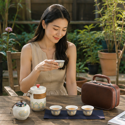Portable Kung Fu Tea Set – Ceramic Travel Teapot, Cups and Tea Canister with Carry Bag for Outdoor Tea Brewing