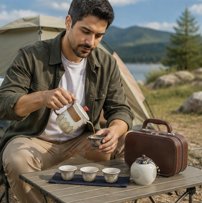 Portable Kung Fu Tea Set – Ceramic Travel Teapot, Cups and Tea Canister with Carry Bag for Outdoor Tea Brewing