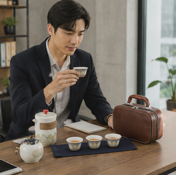 Portable Kung Fu Tea Set – Ceramic Travel Teapot, Cups and Tea Canister with Carry Bag for Outdoor Tea Brewing