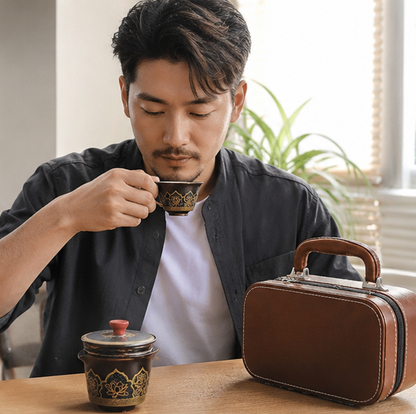 Portable Kung Fu Tea Set – Ceramic Travel Teapot, Cups and Tea Canister with Carry Bag for Outdoor Tea Brewing