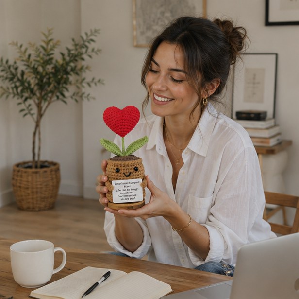 Positive Energy Heart Doll – Handwoven Knitted Flower Plush Ornament with Inspirational Card for Home Decor and Meaningful Gifts