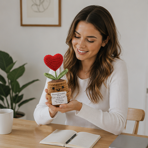Positive Energy Heart Doll – Handwoven Knitted Flower Plush Ornament with Inspirational Card for Home Decor and Meaningful Gifts