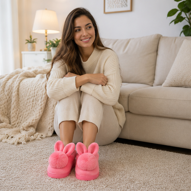 Rabbit Fur House Boots – Women's Plush Indoor Slippers with Cute Bunny Ears for Cozy Winter Home Comfort