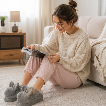 Rabbit Fur House Boots – Women's Plush Indoor Slippers with Cute Bunny Ears for Cozy Winter Home Comfort