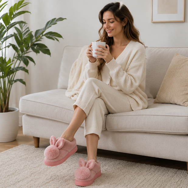 Rabbit Fur House Boots – Women's Plush Indoor Slippers with Cute Bunny Ears for Cozy Winter Home Comfort