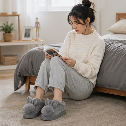 Rabbit Fur House Boots – Women's Plush Indoor Slippers with Cute Bunny Ears for Cozy Winter Home Comfort