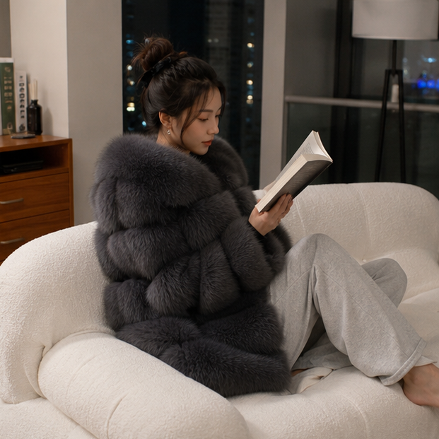 Real Fox Fur Winter Coat – Luxury Women’s Brown Fur Jacket with Premium Leather Design for Elegant Cold Weather Fashion