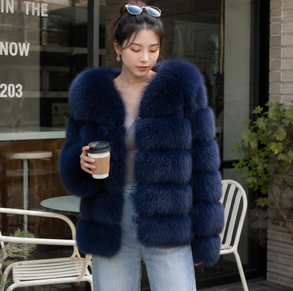 Real Fox Fur Winter Coat – Luxury Women’s Brown Fur Jacket with Premium Leather Design for Elegant Cold Weather Fashion