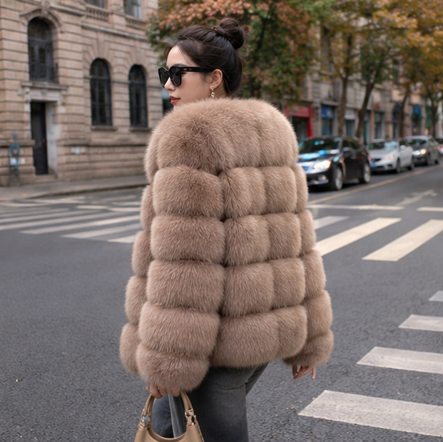 Real Fox Fur Winter Coat – Luxury Women’s Brown Fur Jacket with Premium Leather Design for Elegant Cold Weather Fashion