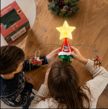 Rotating Christmas Tree Top Hat – Musical LED Santa Sleigh Tree Topper Decoration for Holiday Celebrations