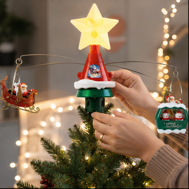 Rotating Christmas Tree Top Hat – Musical LED Santa Sleigh Tree Topper Decoration for Holiday Celebrations