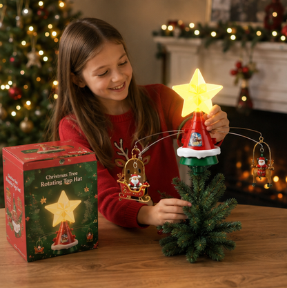 Rotating Christmas Tree Top Hat – Musical LED Santa Sleigh Tree Topper Decoration for Holiday Celebrations