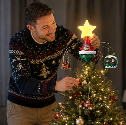 Rotating Christmas Tree Top Hat – Musical LED Santa Sleigh Tree Topper Decoration for Holiday Celebrations