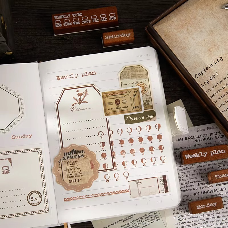 Vintage Planner Stamp Set – Daily, Weekly and Monthly Wooden Date Stamps for Journaling, Scrapbooking, Bullet Planners and Creative Stationery