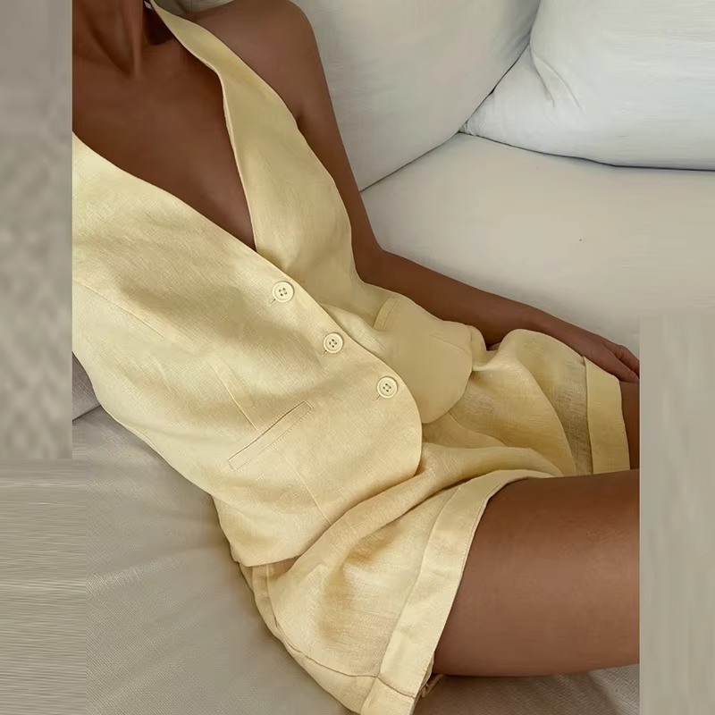 Women’s Summer Suit – 2-Piece V-Neck Halter Camisole & Matching Shorts Set with Button Detail for Office, Work, Commuting and Casual Wear