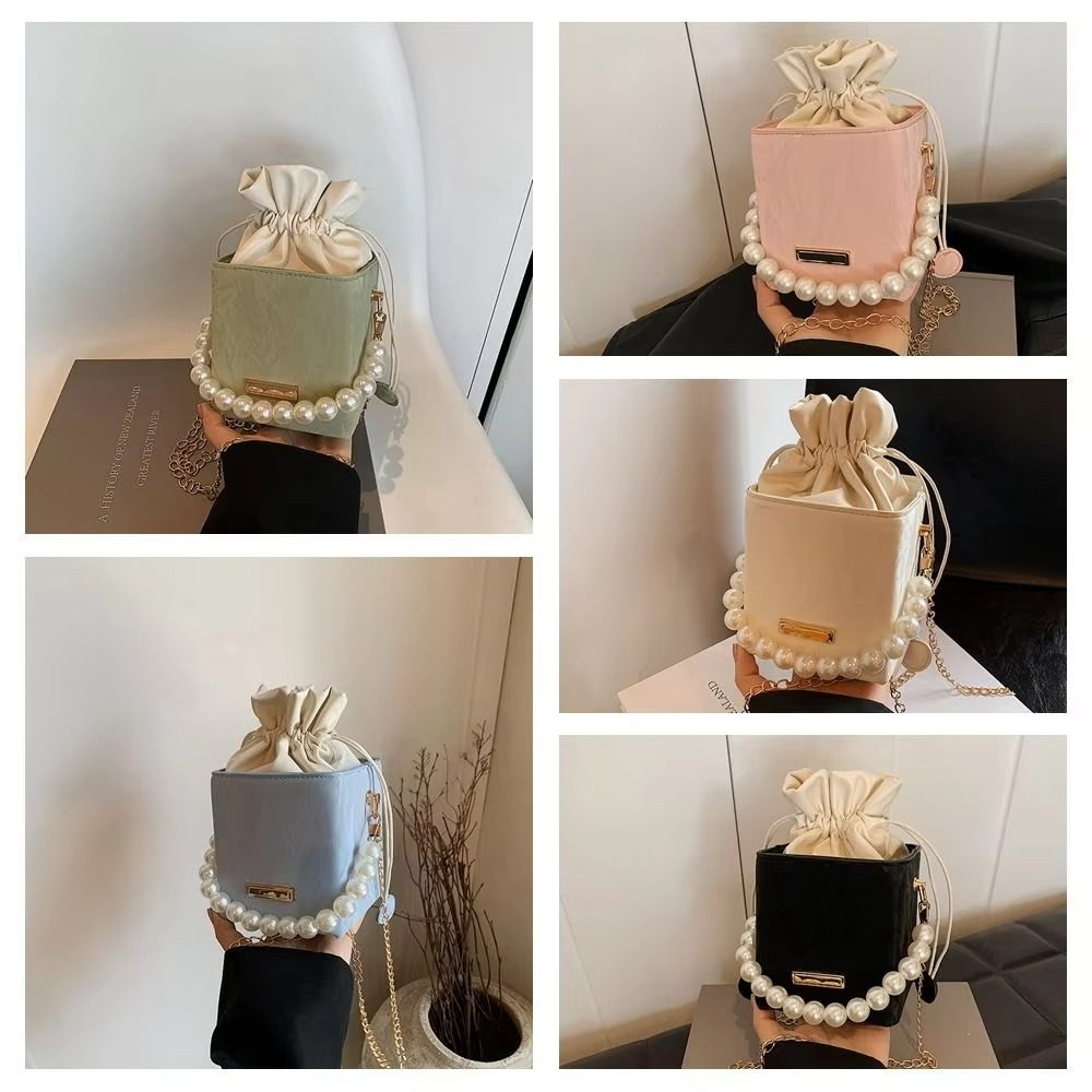 PU Leather Bucket Bag – Vintage Drawstring Crossbody Purse with Pearl Detail and Chain Strap for Women, Shoulder Carry and Everyday Style