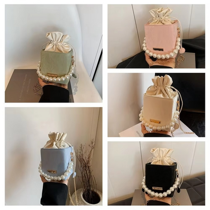 PU Leather Bucket Bag – Vintage Drawstring Crossbody Purse with Pearl Detail and Chain Strap for Women, Shoulder Carry and Everyday Style