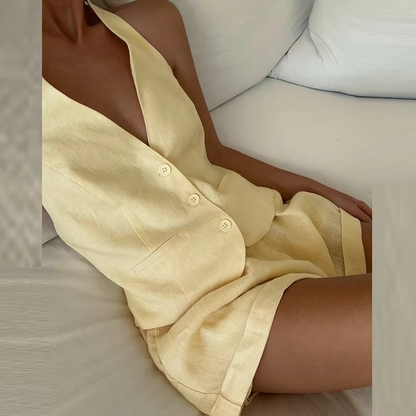 Women’s Summer Suit – 2-Piece V-Neck Halter Camisole & Matching Shorts Set with Button Detail for Office, Work, Commuting and Casual Wear