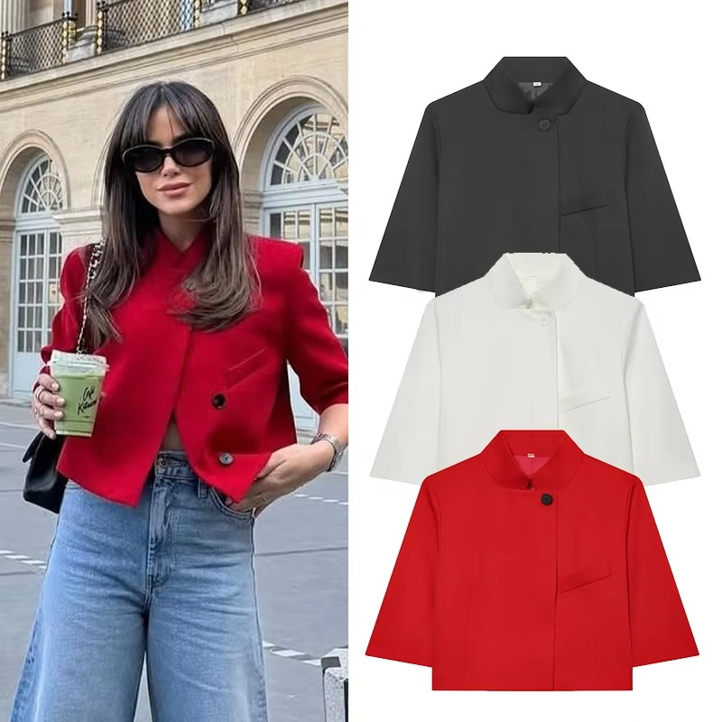 Women’s Cropped Blazer – Chic High-Neck Short-Sleeve Jacket with Button Detail for Spring, Summer, Office Wear and Casual Outfits
