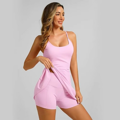 Women’s Tennis Dress – Sleeveless Backless Athletic Dress with Built-In Bra & Shorts for Tennis, Golf, Exercise and Workout Training