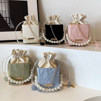 PU Leather Bucket Bag – Vintage Drawstring Crossbody Purse with Pearl Detail and Chain Strap for Women, Shoulder Carry and Everyday Style