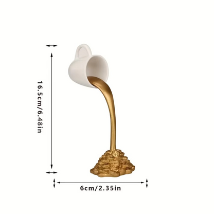Floating Liquid Gold Mug Sculpture – Creative Spilling Coffee Cup Illusion Ornament for Kitchen, Desktop, Living Room and Home Decor