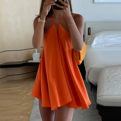 Women’s A-Line Mini Dress – Elegant Sleeveless Solid Color Dress with Hollow-Out Pleated Design for Summer, Casual Wear, Parties and Club Outfits