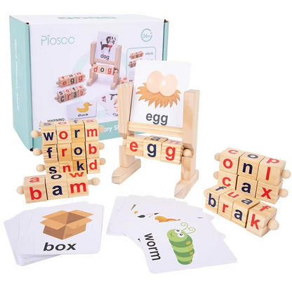 Wooden Rotating Letter Puzzle – Short Vowel Word Spelling Blocks for Reading Practice, Early Learning, Preschool Education and Kids Literacy Skills