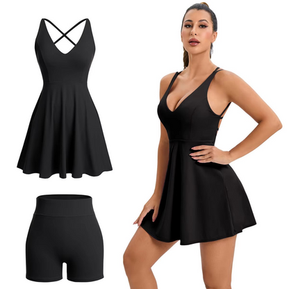 Women’s Tennis Dress – Sleeveless Backless Athletic Dress with Built-In Bra & Shorts for Tennis, Golf, Exercise and Workout Training