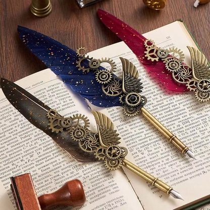 Feather Dip Pen Set – Vintage Calligraphy Quill Writing Pen with 5 Replaceable Nibs, Ink Bottle and Elegant Gift Set for Artists & Signatures