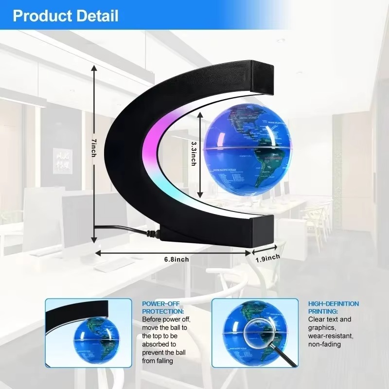 Magnetic Levitating Globe Lamp – Floating LED World Globe Night Light with Cool Tech Design for Home, Office, Desk Decor and Gifts
