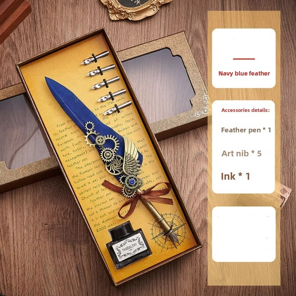 Feather Dip Pen Set – Vintage Calligraphy Quill Writing Pen with 5 Replaceable Nibs, Ink Bottle and Elegant Gift Set for Artists & Signatures