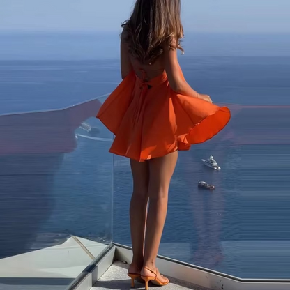 Women’s A-Line Mini Dress – Elegant Sleeveless Solid Color Dress with Hollow-Out Pleated Design for Summer, Casual Wear, Parties and Club Outfits