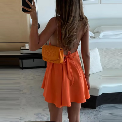 Women’s A-Line Mini Dress – Elegant Sleeveless Solid Color Dress with Hollow-Out Pleated Design for Summer, Casual Wear, Parties and Club Outfits
