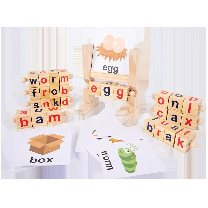 Wooden Rotating Letter Puzzle – Short Vowel Word Spelling Blocks for Reading Practice, Early Learning, Preschool Education and Kids Literacy Skills