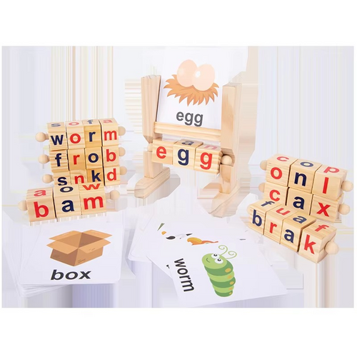 Wooden Rotating Letter Puzzle – Short Vowel Word Spelling Blocks for Reading Practice, Early Learning, Preschool Education and Kids Literacy Skills