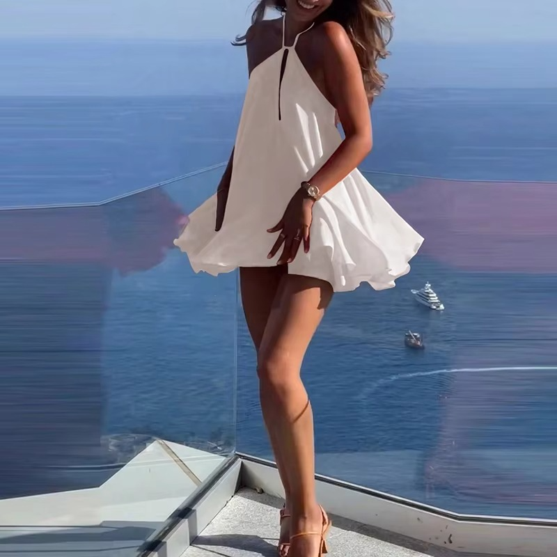 Women’s A-Line Mini Dress – Elegant Sleeveless Solid Color Dress with Hollow-Out Pleated Design for Summer, Casual Wear, Parties and Club Outfits