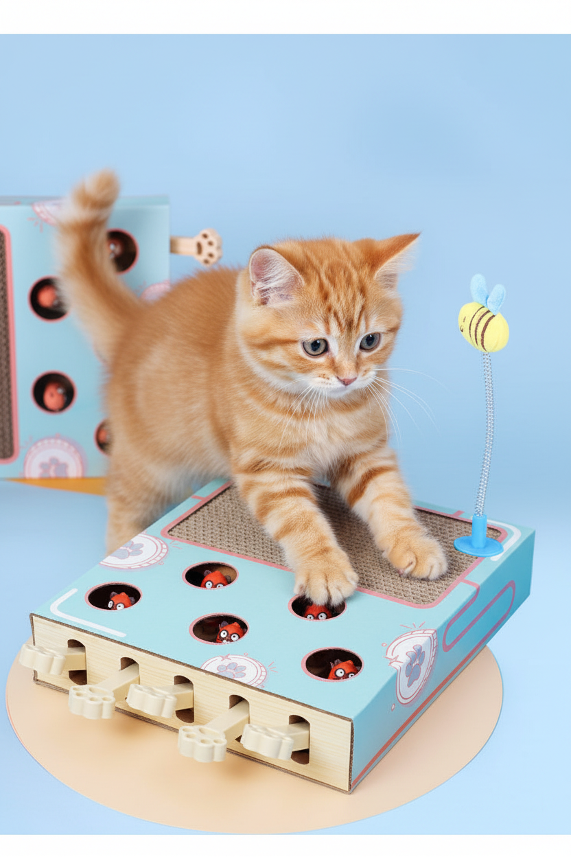 Interactive Whack a Mole Cat Toy – Scratching Board and Claw Grinder for Fun Indoor Cat Enrichment