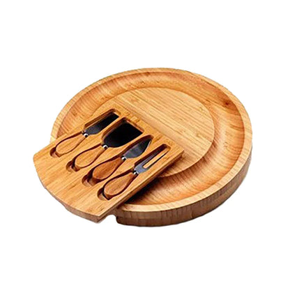 Bamboo Cheese Board and Knife Set – Portable Charcuterie Serving Tray with Sliding Drawer for Entertaining, Camping and Party Gatherings