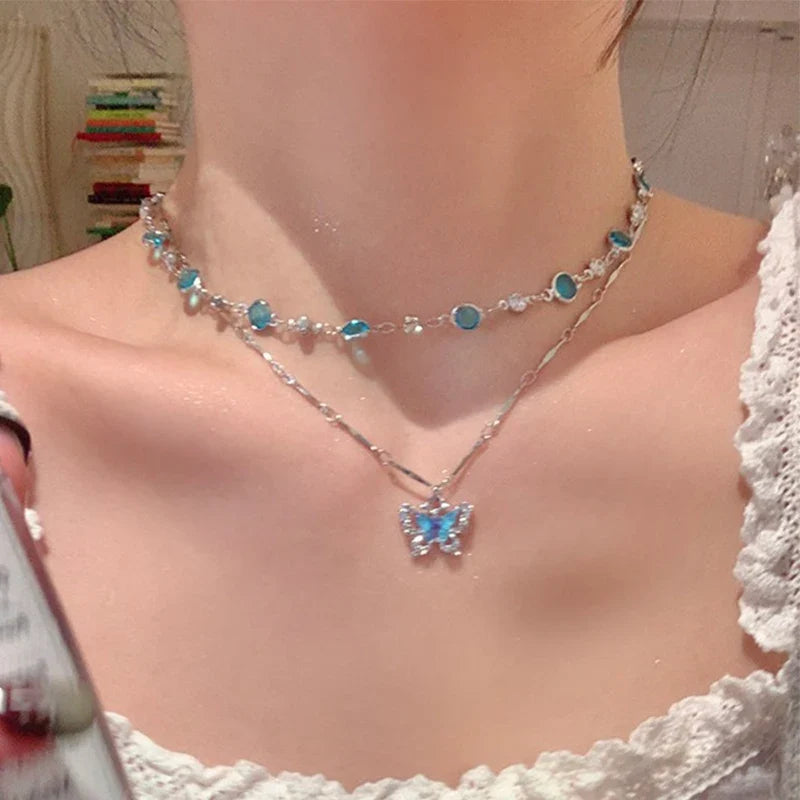 Blue Crystal Butterfly Necklace – Romantic Zircon Clavicle Chain with Elegant Double-Layer Design for Women, Girls, Weddings and Parties
