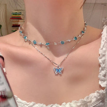 Blue Crystal Butterfly Necklace – Romantic Zircon Clavicle Chain with Elegant Double-Layer Design for Women, Girls, Weddings and Parties