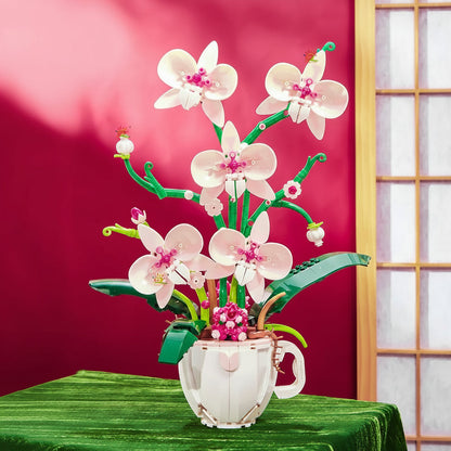 Orchid Coffee Cup Building Blocks – DIY Flower Brick Decoration for Home Desk Display and Creative Gift Giving