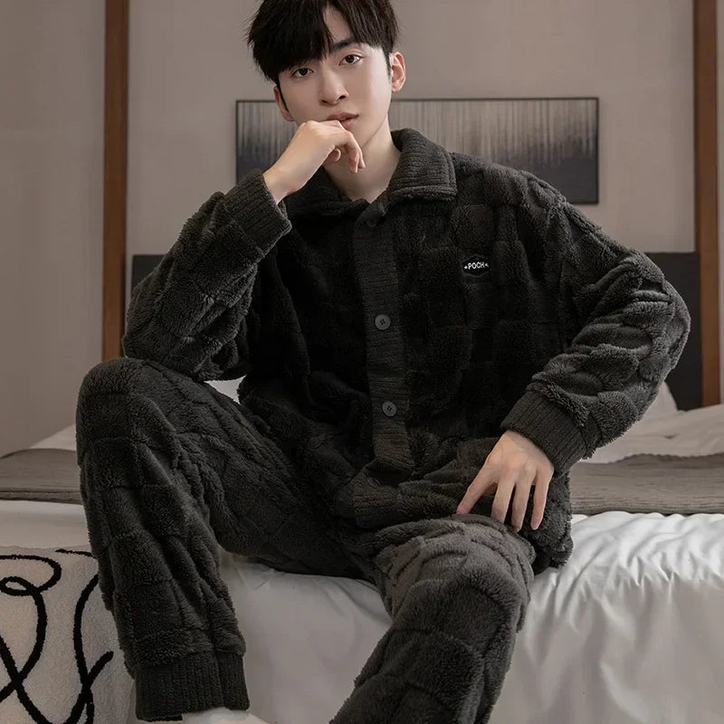 Men's Flannel Pajama Set - Thick Coral Velvet Sleepwear for Warm Comfortable Home Lounging