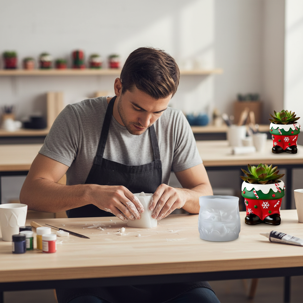 Christmas Silicone Epoxy Mold Set – DIY Candle Cup, Flower Pot and Resin Craft Mold for Holiday Handmade Decorations